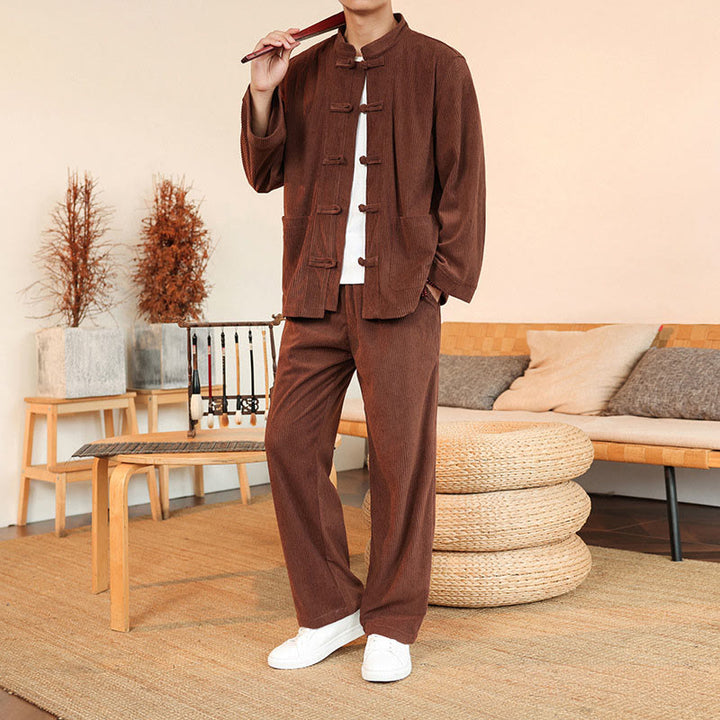Conjunto de 2 piezas de camisa y pantalón de pana de algodón con botones de rana para hombre, de Buddha Stones, con bolsillos - image 5