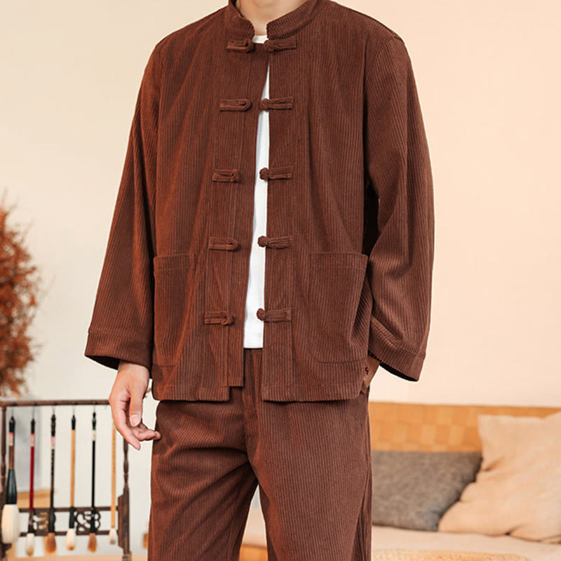 Conjunto de 2 piezas de camisa y pantalón de pana de algodón con botones de rana para hombre, de Buddha Stones, con bolsillos - image 7