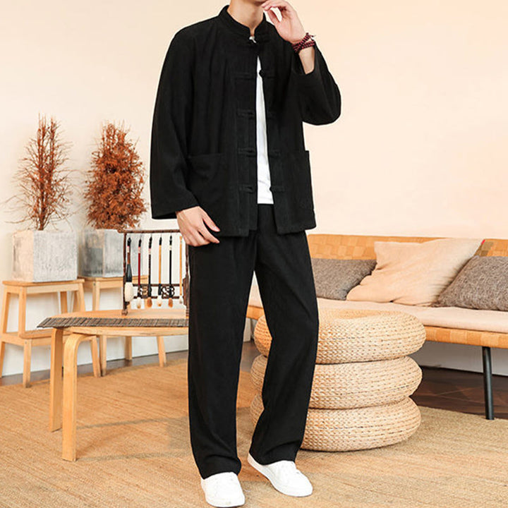 Conjunto de 2 piezas de camisa y pantalón de pana de algodón con botones de rana para hombre, de Buddha Stones, con bolsillos - image 25