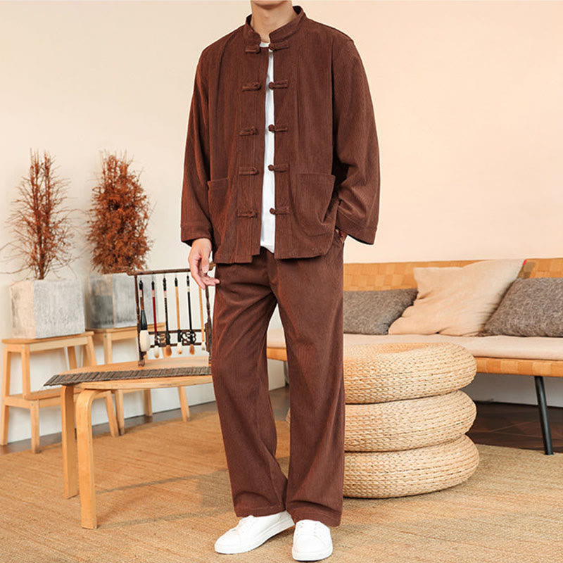 Conjunto de 2 piezas de camisa y pantalón de pana de algodón con botones de rana para hombre, de Buddha Stones, con bolsillos - image 1