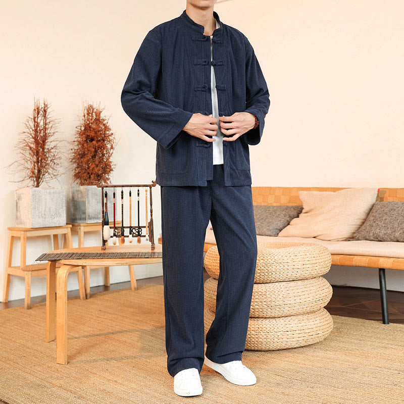 Conjunto de 2 piezas de camisa y pantalón de pana de algodón con botones de rana para hombre, de Buddha Stones, con bolsillos - Azul medianoche - US/UK/AU46, EU56 (5XL) - image 29