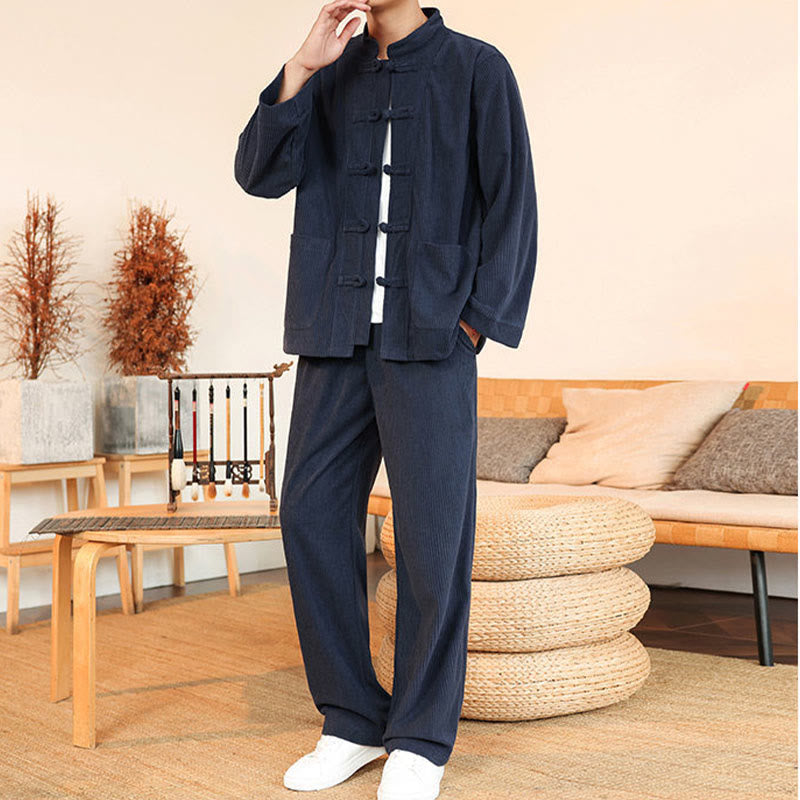 Conjunto de 2 piezas de camisa y pantalón de pana de algodón con botones de rana para hombre, de Buddha Stones, con bolsillos - image 33