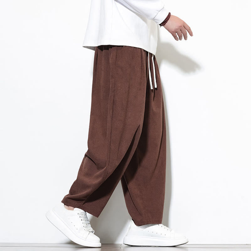 Pantalones harén Buddha Stones de pana de algodón puro liso hasta el tobillo con bolsillos para hombre - image 29