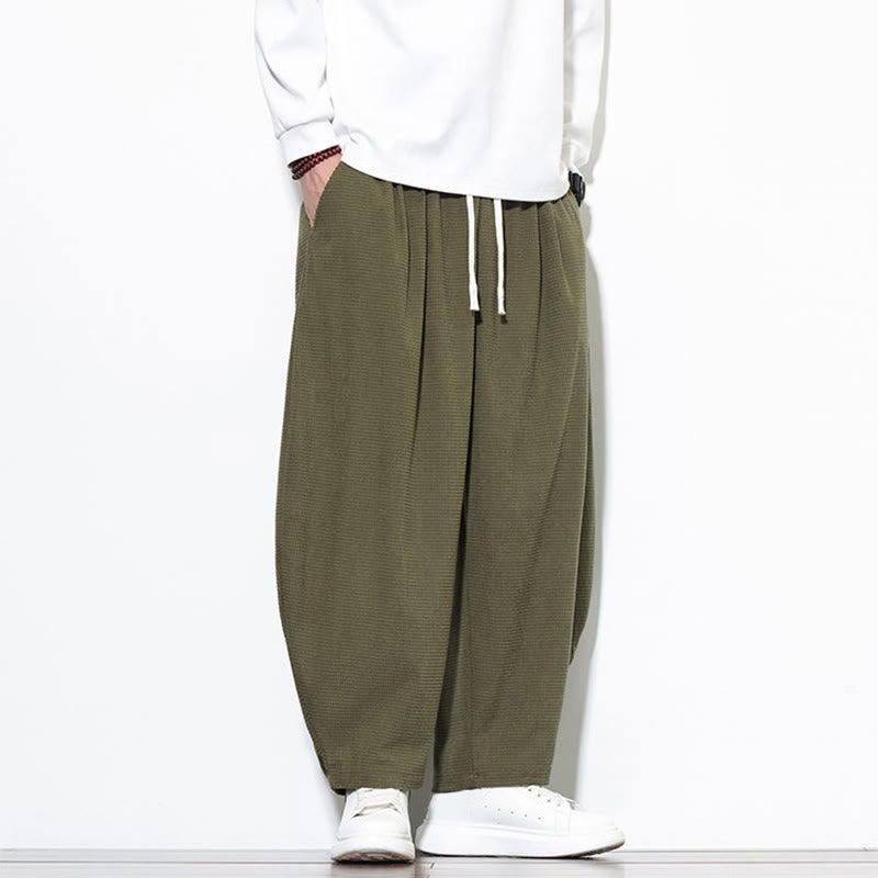 Pantalones harén Buddha Stones de pana de algodón puro liso hasta el tobillo con bolsillos para hombre - image 5