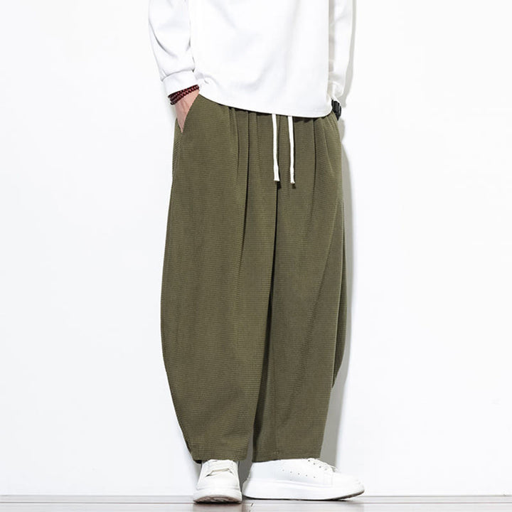 Pantalones harén Buddha Stones de pana de algodón puro liso hasta el tobillo con bolsillos para hombre - image 5