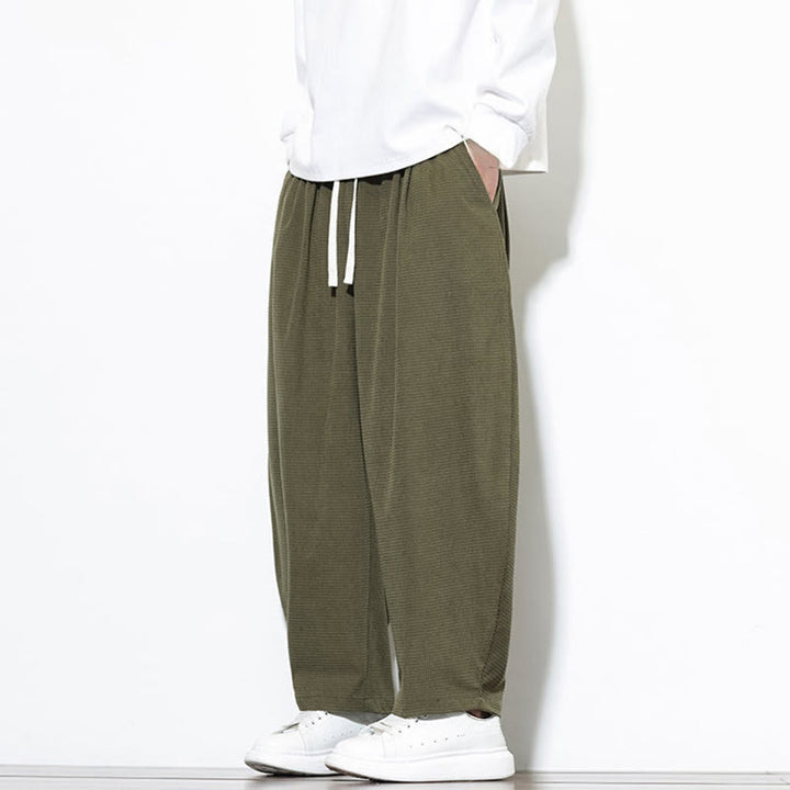 Pantalones harén Buddha Stones de pana de algodón puro liso hasta el tobillo con bolsillos para hombre - image 3