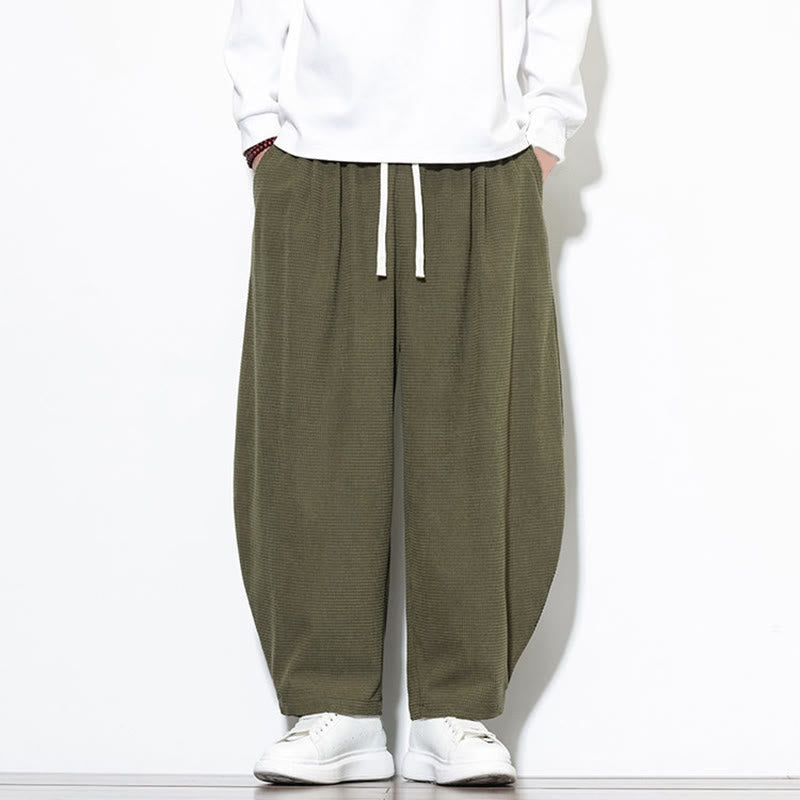 Pantalones harén Buddha Stones de pana de algodón puro liso hasta el tobillo con bolsillos para hombre - image 4