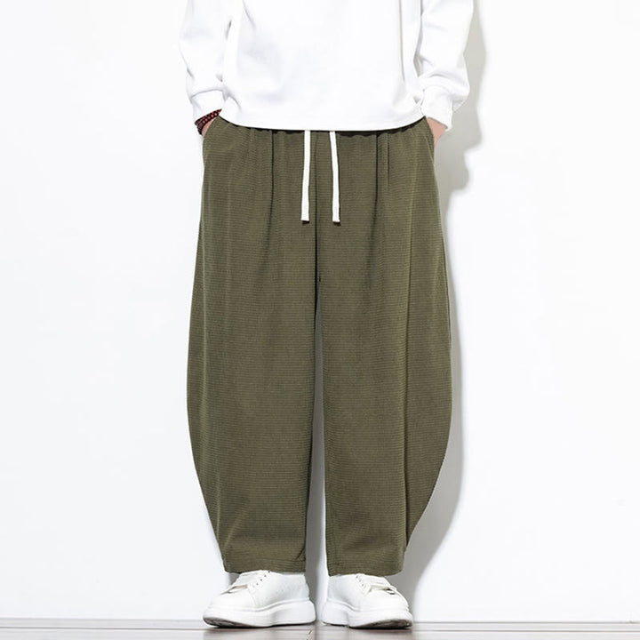 Pantalones harén Buddha Stones de pana de algodón puro liso hasta el tobillo con bolsillos para hombre - image 4