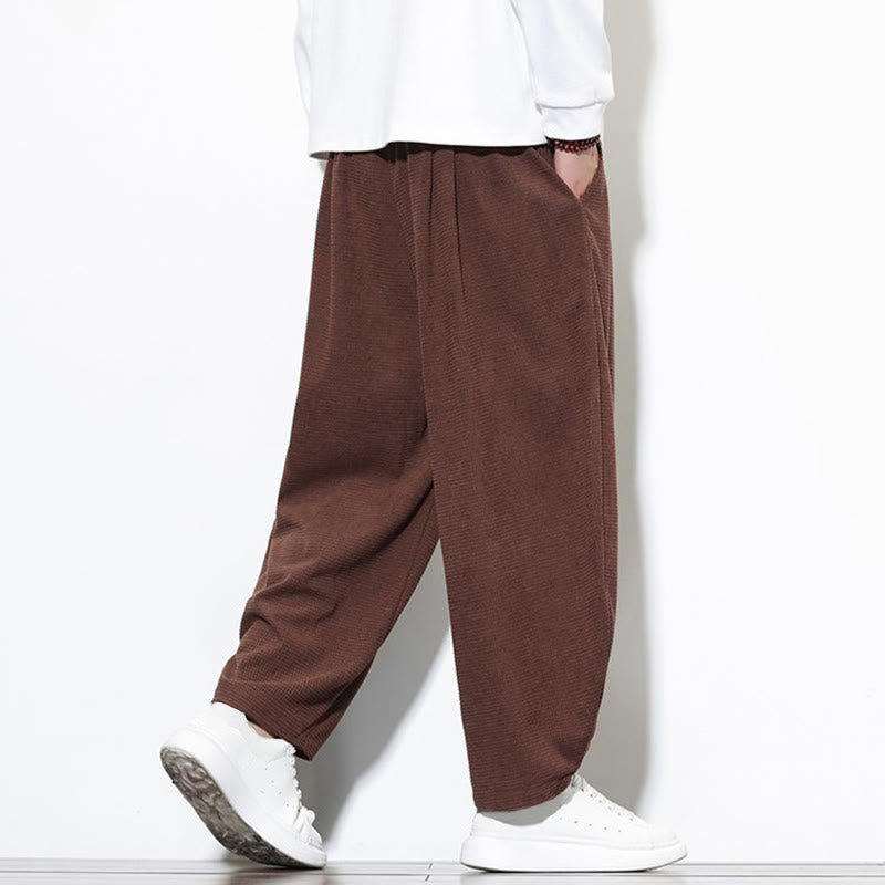 Pantalones harén Buddha Stones de pana de algodón puro liso hasta el tobillo con bolsillos para hombre - image 32