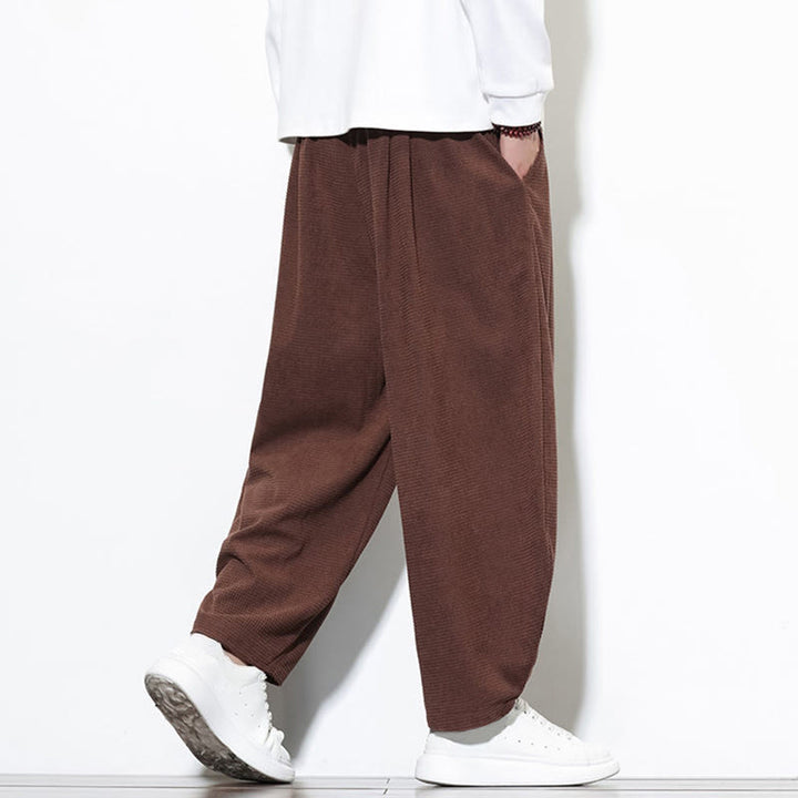 Pantalones harén Buddha Stones de pana de algodón puro liso hasta el tobillo con bolsillos para hombre - image 32