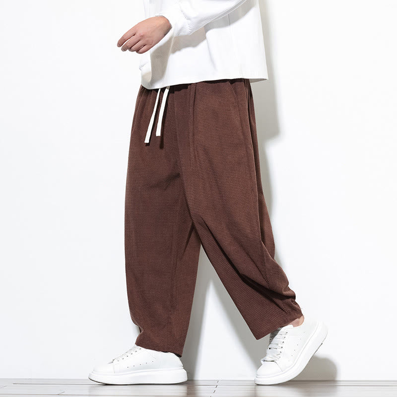 Pantalones harén Buddha Stones de pana de algodón puro liso hasta el tobillo con bolsillos para hombre - image 27