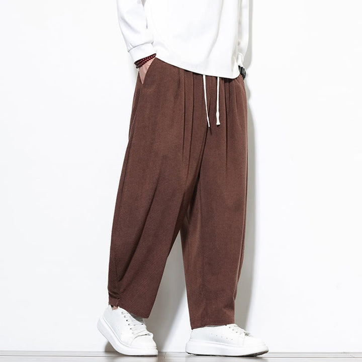 Pantalones harén Buddha Stones de pana de algodón puro liso hasta el tobillo con bolsillos para hombre - image 31