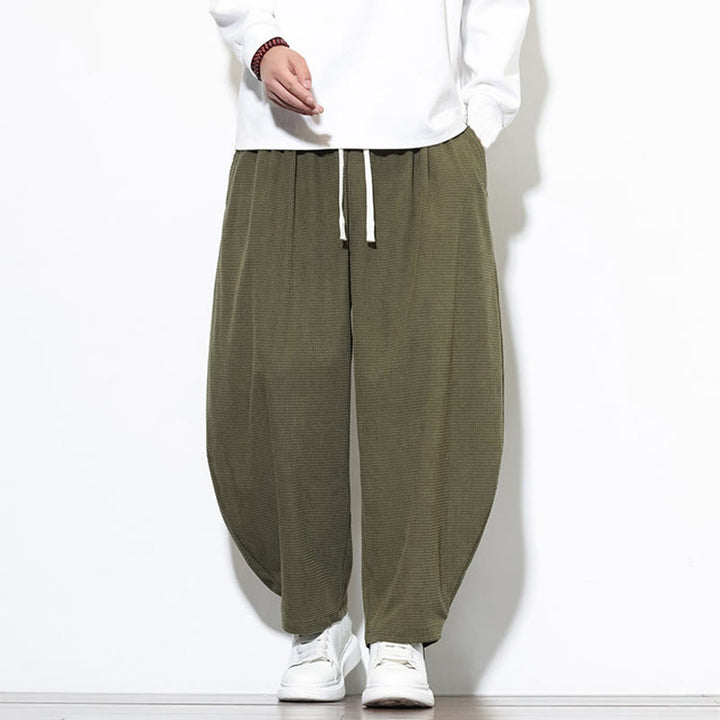 Pantalones harén Buddha Stones de pana de algodón puro liso hasta el tobillo con bolsillos para hombre - Verde oliva - US/UK/AU46, EU56 (5XL) - image 0