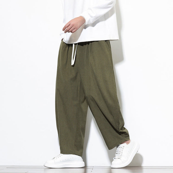 Pantalones harén Buddha Stones de pana de algodón puro liso hasta el tobillo con bolsillos para hombre - image 1