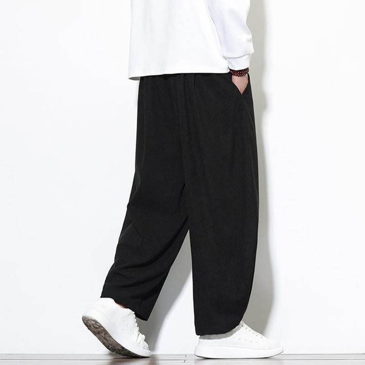 Pantalones harén Buddha Stones de pana de algodón puro liso hasta el tobillo con bolsillos para hombre - image 23