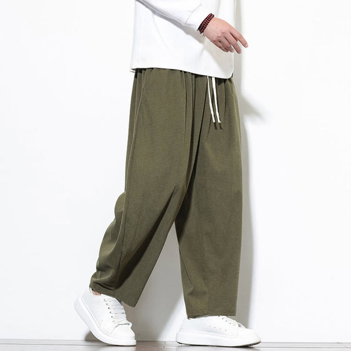 Pantalones harén Buddha Stones de pana de algodón puro liso hasta el tobillo con bolsillos para hombre - image 2