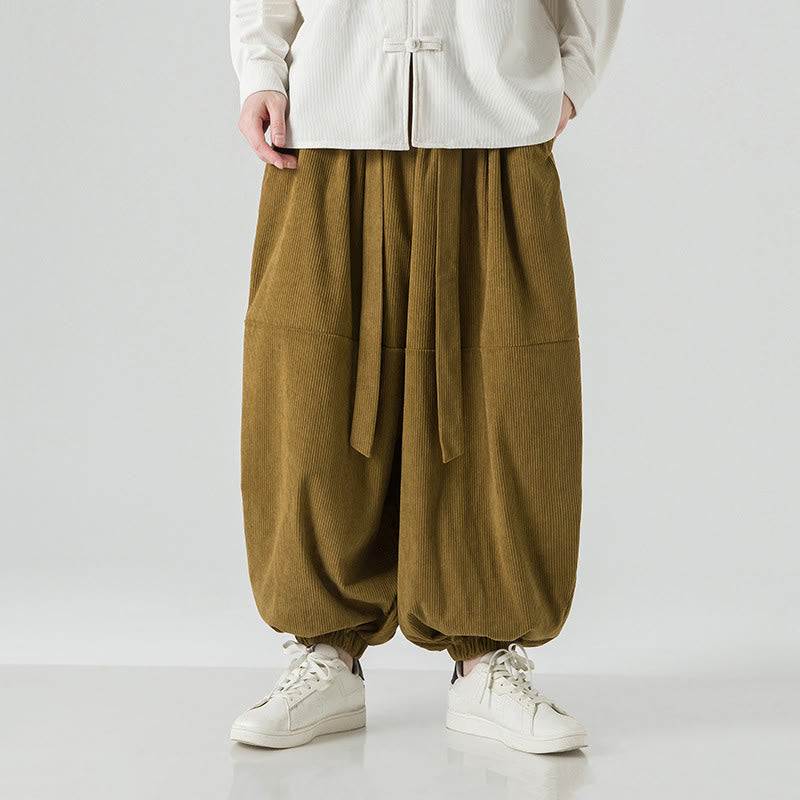 Pantalones harén de pana de algodón puro con bolsillos para hombre, de color liso, de Buddha Stones, para invierno - Vara de oro oscura - US/UK/AU48，EU58(5XL) - image 17