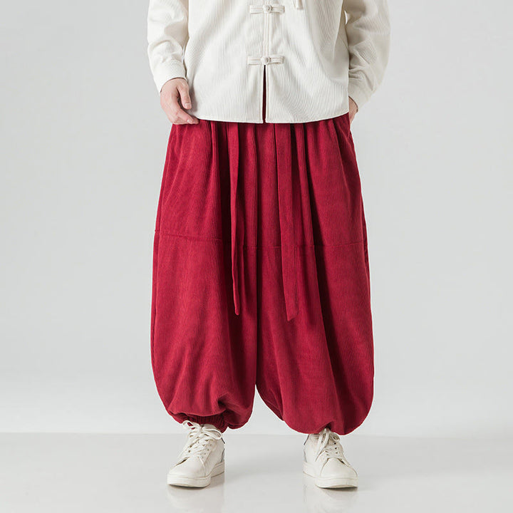 Pantalones harén de pana de algodón puro con bolsillos para hombre, de color liso, de Buddha Stones, para invierno - Carmesí - US/UK/AU48，EU58(5XL) - image 25