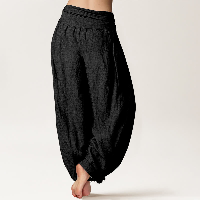 Pantalones harén de cintura elástica para mujer, color negro liso y puro algodón Buddha Stones - image 1
