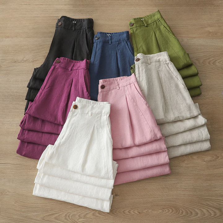 Pantalones anchos con botones y bolsillos para mujer de algodón de color liso con Buddha Stones - image 38