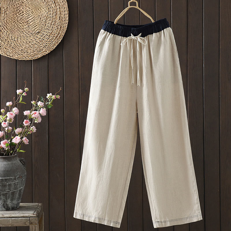 Pantalones rectos de algodón con bolsillos para mujer, estilo casual, con empalme de cuerda de color y Buddha Stones - Lino - US8-10，UK/AU12-14，EU40-42 (2XL) - image 0