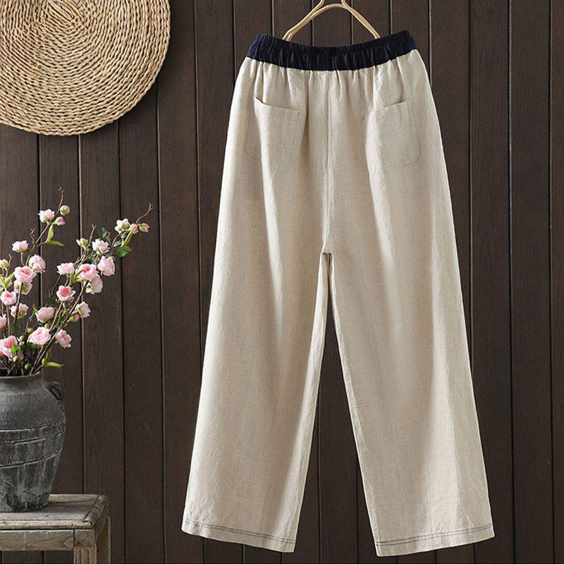 Pantalones rectos de algodón con bolsillos para mujer, estilo casual, con empalme de cuerda de color y Buddha Stones - image 1