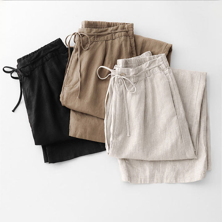 Pantalones casuales de algodón con bolsillos para mujer de Buddha Stones, de color liso y con cuerda - image 27