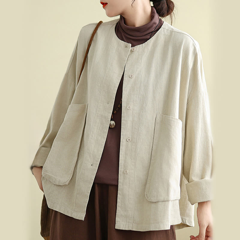 Chaqueta de algodón con cuello redondo y manga larga para mujer Buddha Stones con bolsillos - image 4