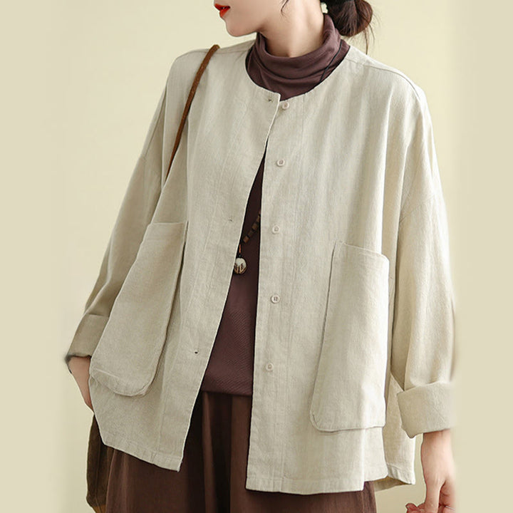 Chaqueta de algodón con cuello redondo y manga larga para mujer Buddha Stones con bolsillos - image 4
