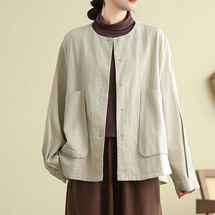 Chaqueta de algodón con cuello redondo y manga larga para mujer Buddha Stones con bolsillos - image 3