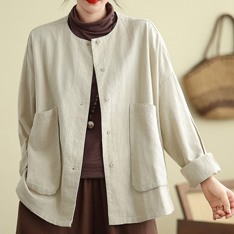 Chaqueta de algodón con cuello redondo y manga larga para mujer Buddha Stones con bolsillos - Beige - US14，UK/AU18，EU46 (2XL) - image 0