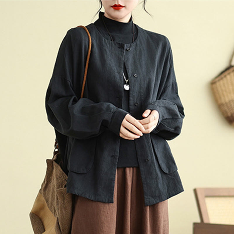 Chaqueta de algodón con cuello redondo y manga larga para mujer Buddha Stones con bolsillos - image 11
