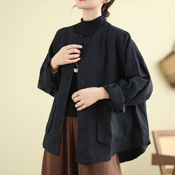 Chaqueta de algodón con cuello redondo y manga larga para mujer Buddha Stones con bolsillos - image 12