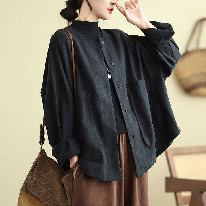 Chaqueta de algodón con cuello redondo y manga larga para mujer Buddha Stones con bolsillos - image 13