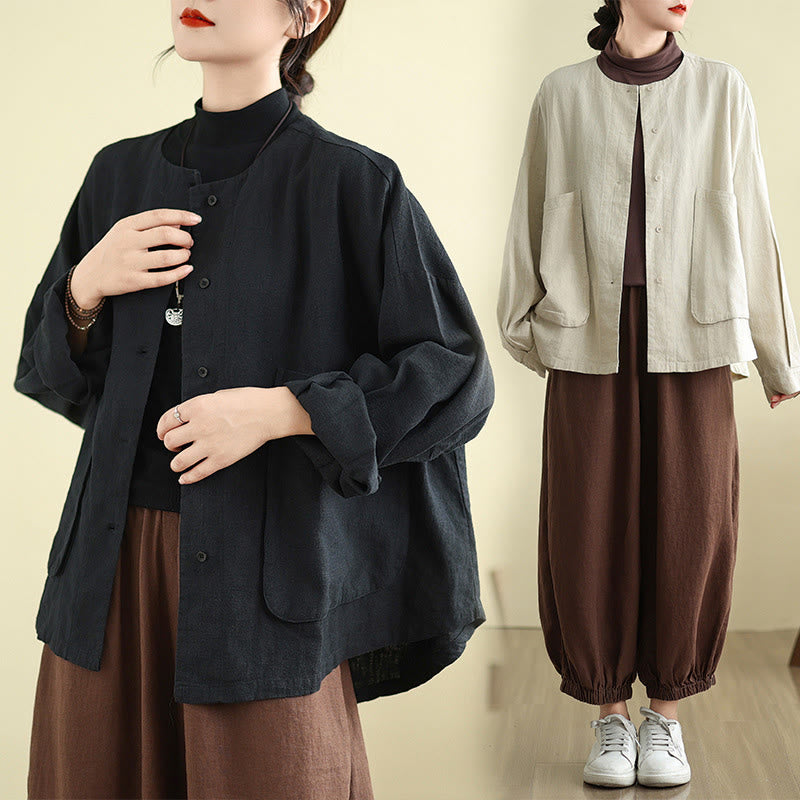 Chaqueta de algodón con cuello redondo y manga larga para mujer Buddha Stones con bolsillos - image 15