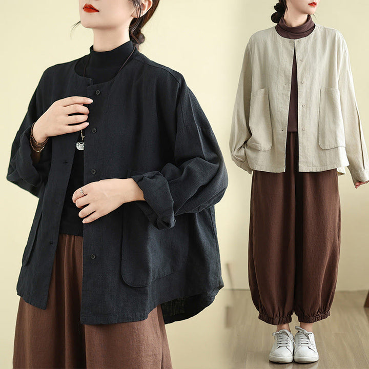 Chaqueta de algodón con cuello redondo y manga larga para mujer Buddha Stones con bolsillos - image 15