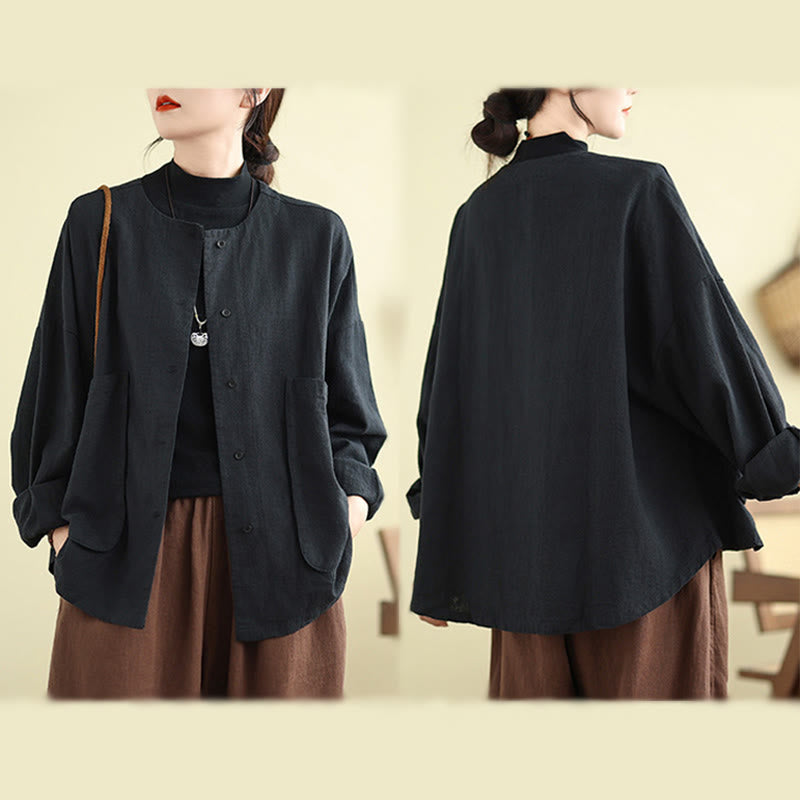 Chaqueta de algodón con cuello redondo y manga larga para mujer Buddha Stones con bolsillos - image 14