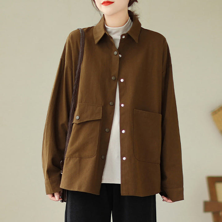Chaqueta de algodón con botones y bolsillos de manga larga para mujer Buddha Stones - SaddleBrown - US14，UK/AU18，EU46 (2XL) - image 0
