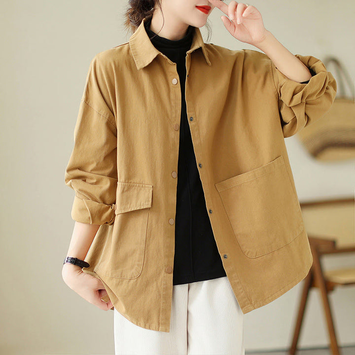 Chaqueta de algodón con botones y bolsillos de manga larga para mujer Buddha Stones - SandyBrown - US14，UK/AU18，EU46 (2XL) - image 5