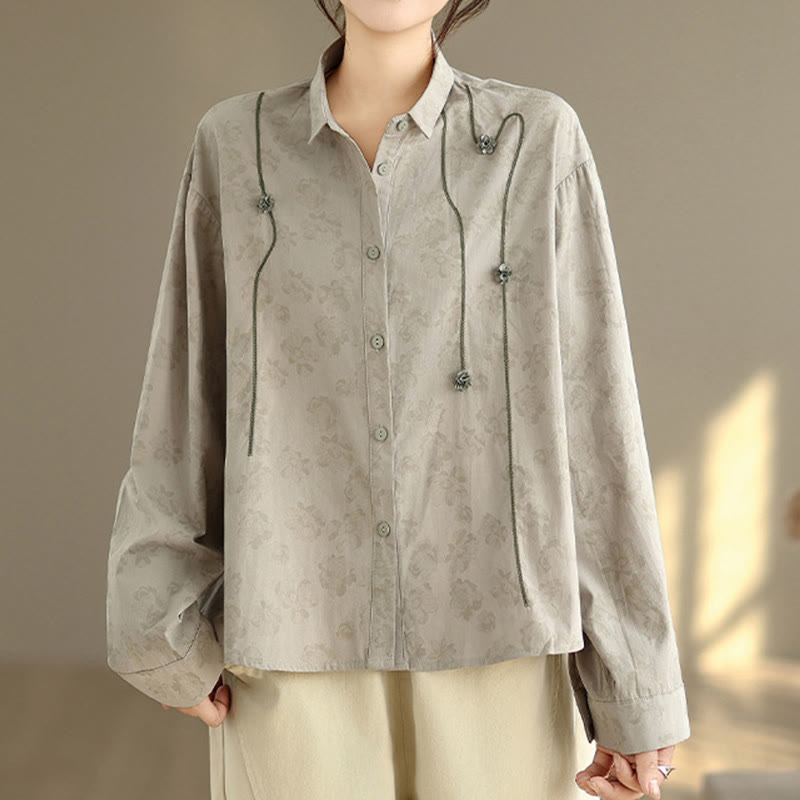 Camisa informal de poliéster de manga larga con bordado floral de Buddha Stones para mujer - image 4