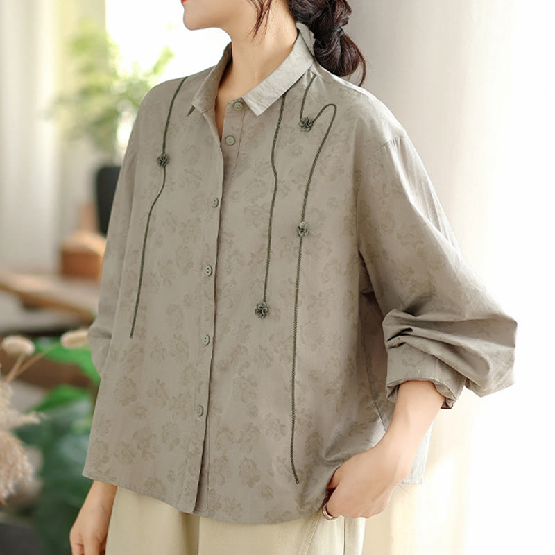 Camisa informal de poliéster de manga larga con bordado floral de Buddha Stones para mujer - image 2