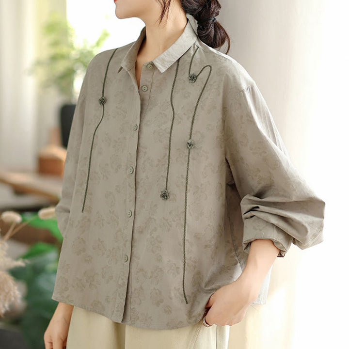 Camisa informal de poliéster de manga larga con bordado floral de Buddha Stones para mujer - image 2