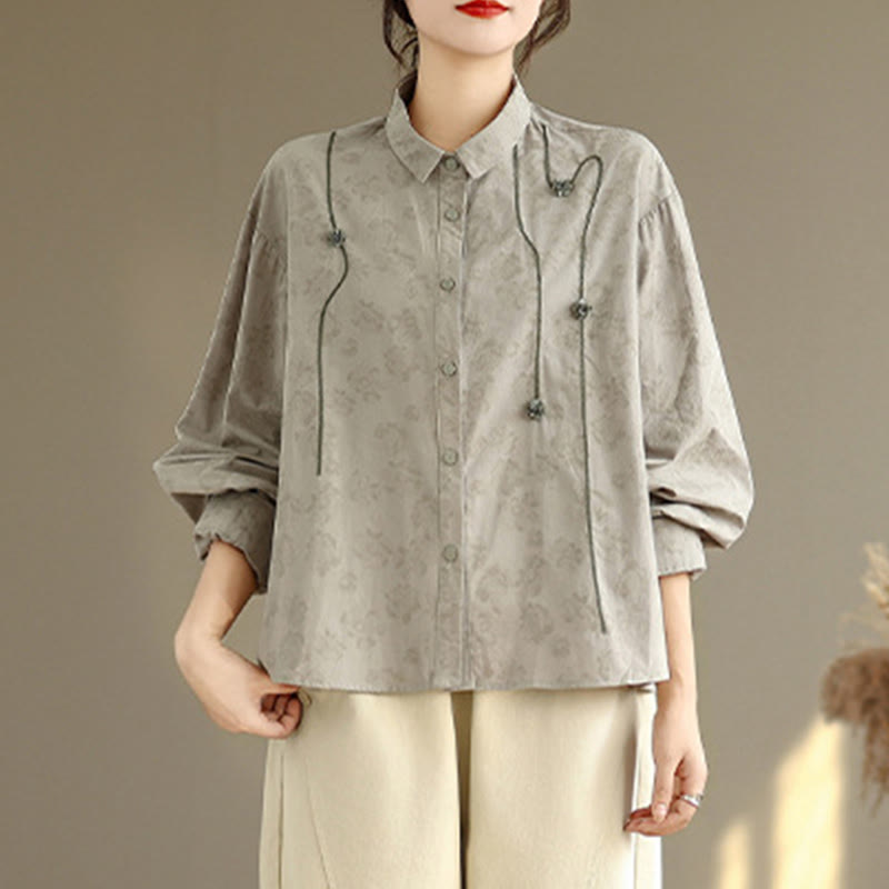 Camisa informal de poliéster de manga larga con bordado floral de Buddha Stones para mujer - image 1