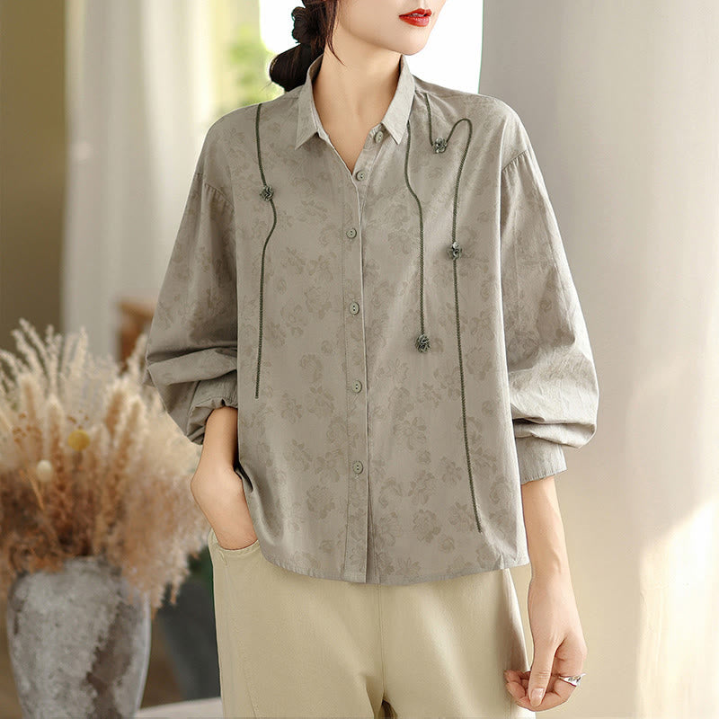 Camisa informal de poliéster de manga larga con bordado floral de Buddha Stones para mujer - Gris oscuro - US8-10，UK/AU12-14，EU40-42 (2XL) - image 0