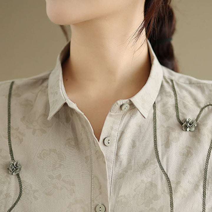 Camisa informal de poliéster de manga larga con bordado floral de Buddha Stones para mujer - image 12