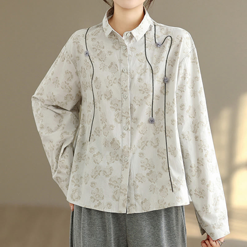 Camisa informal de poliéster de manga larga con bordado floral de Buddha Stones para mujer - image 13