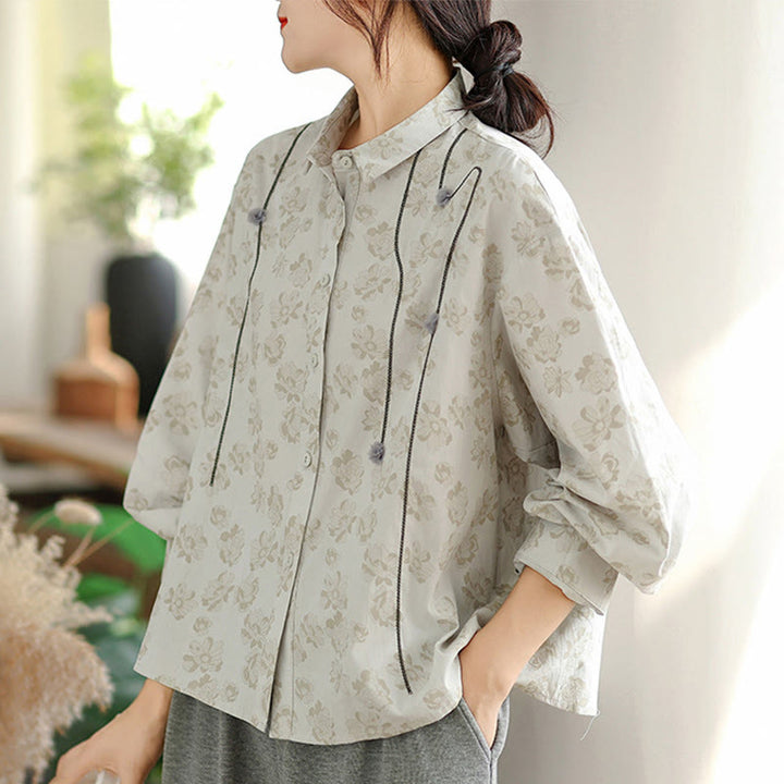 Camisa informal de poliéster de manga larga con bordado floral de Buddha Stones para mujer - image 9