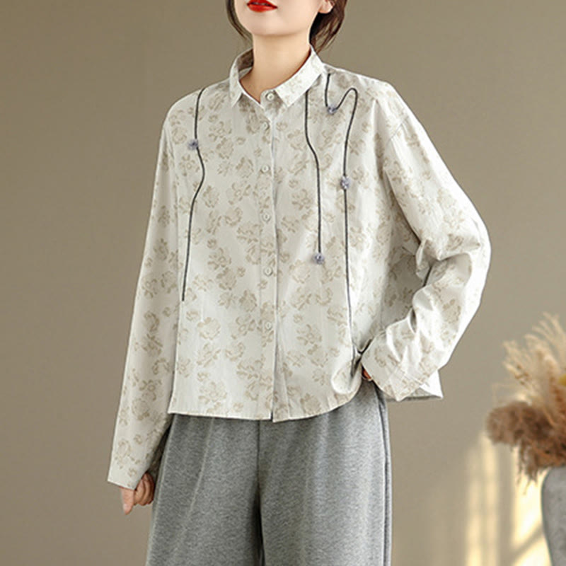 Camisa informal de poliéster de manga larga con bordado floral de Buddha Stones para mujer - image 8