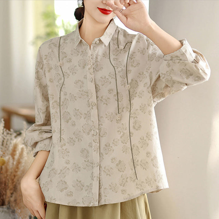 Camisa informal de poliéster de manga larga con bordado floral de Buddha Stones para mujer - image 15