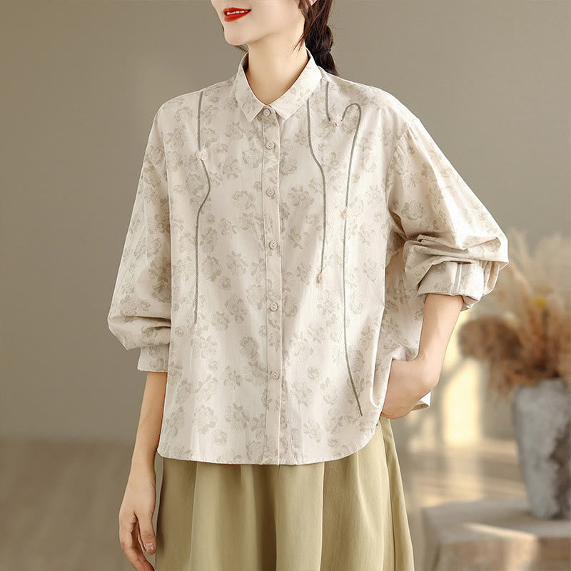 Camisa informal de poliéster de manga larga con bordado floral de Buddha Stones para mujer - image 16